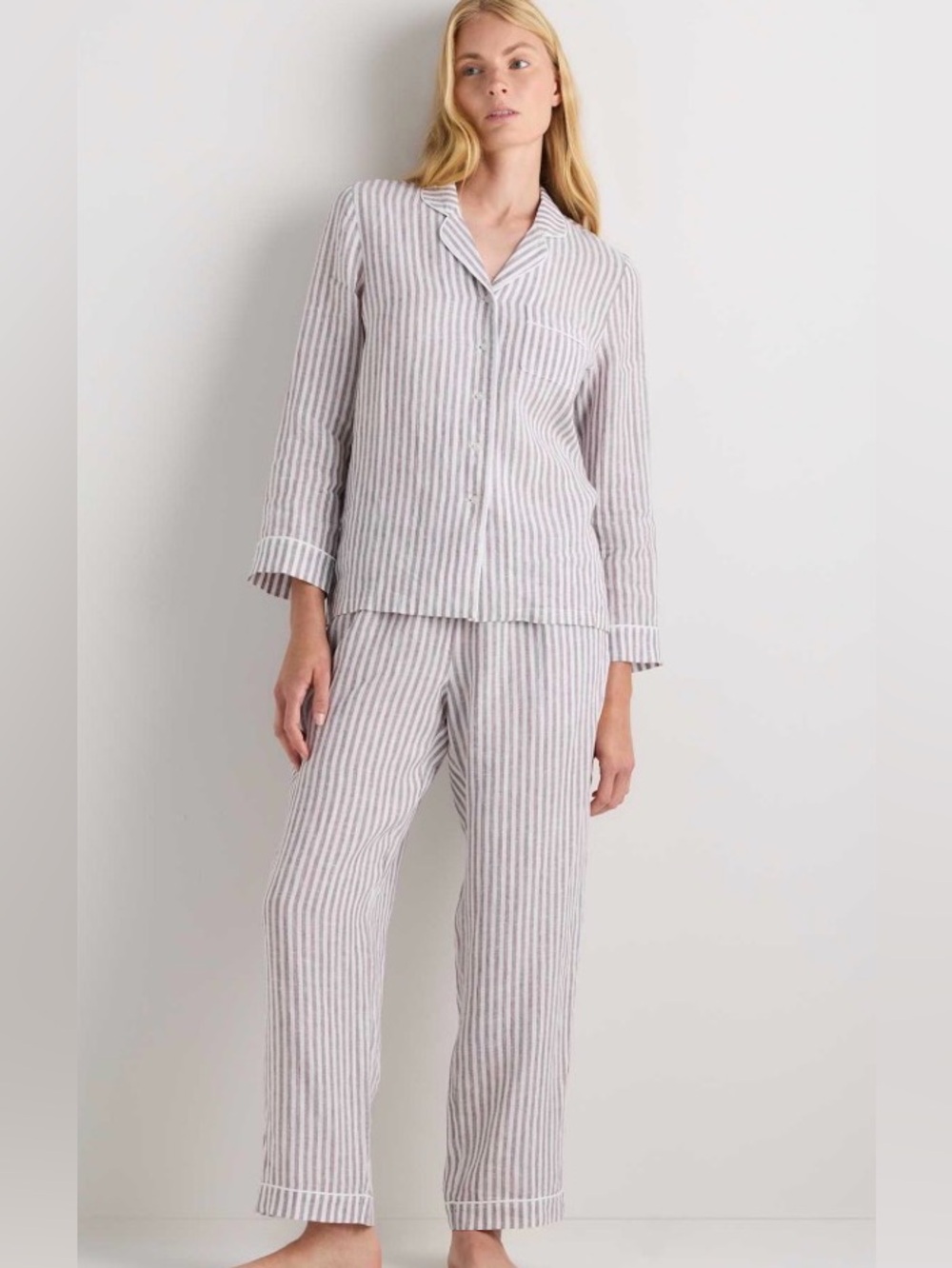 Quince 100% European Linen Pajama Set Small Blue Pin Stripe Lightweight Lounge